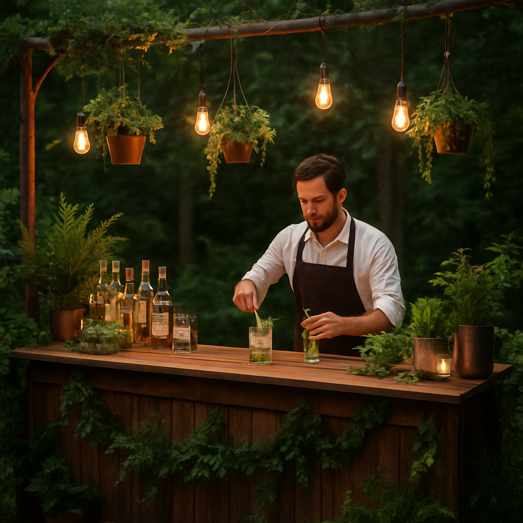 Bar elegante com bartender preparando drinks autorais
