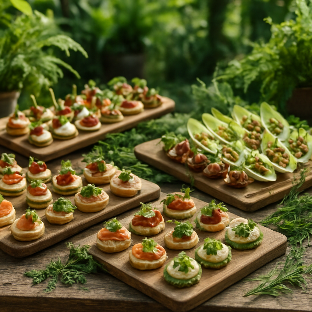 Buffet gourmet com canapés e finger food bem apresentados