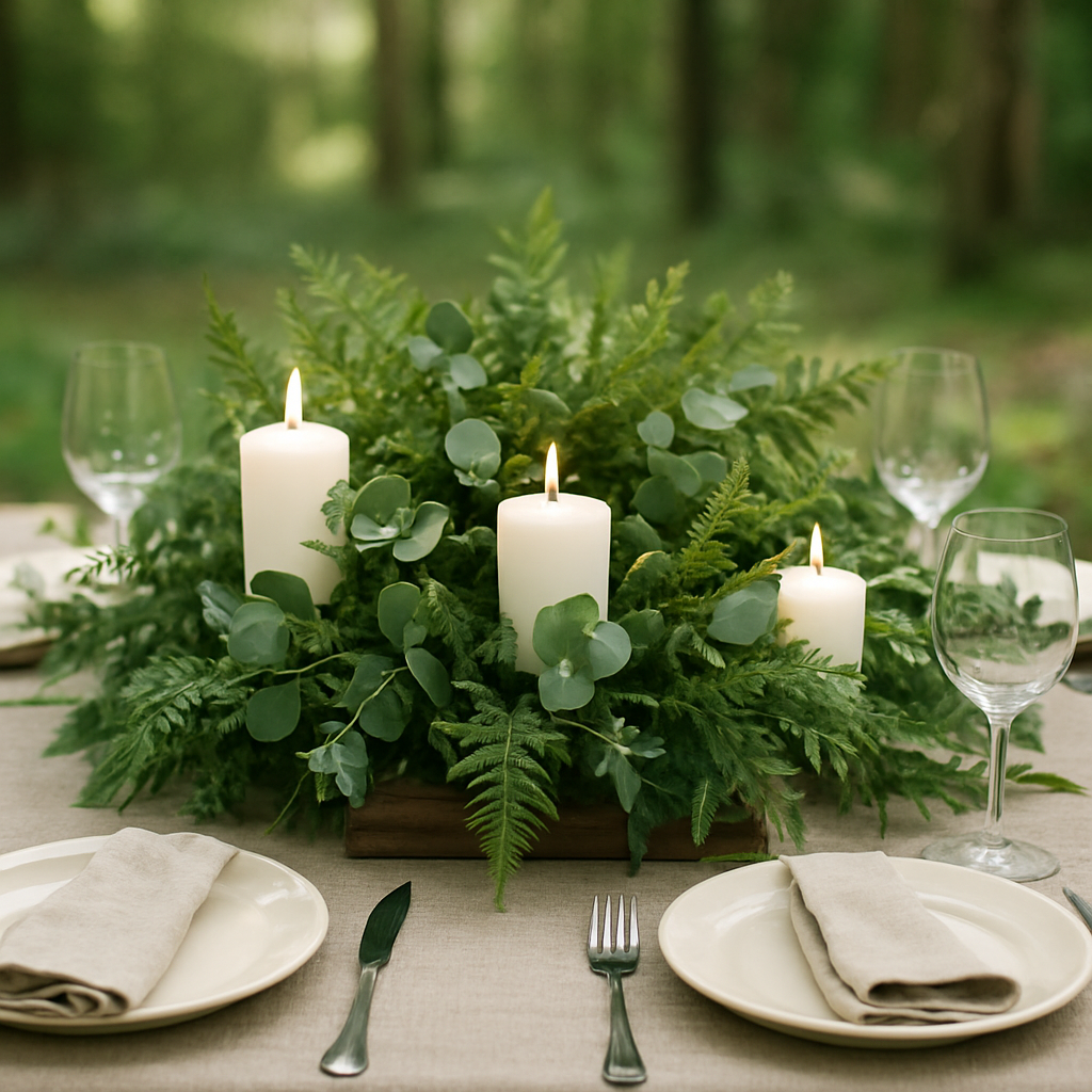 Mesa com decoração botânica, folhagens, velas e madeira natural