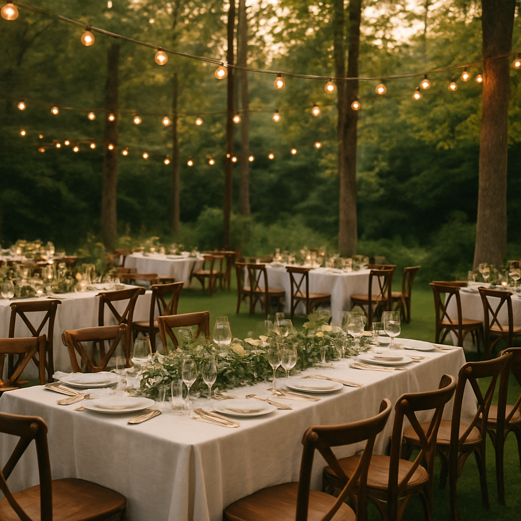 Espaço para eventos ao ar livre cercado por floresta, com mesas decoradas e luzes entre as árvores